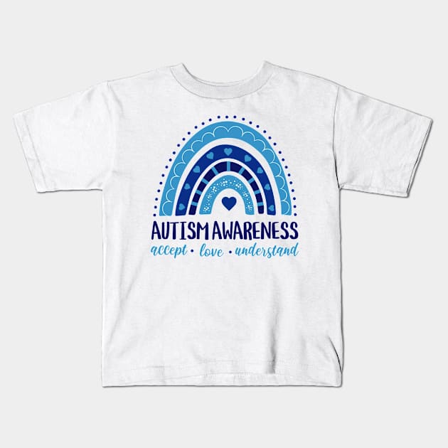 Autism Awareness Rainbow Hearts Kids T-Shirt by TeaTimeTs